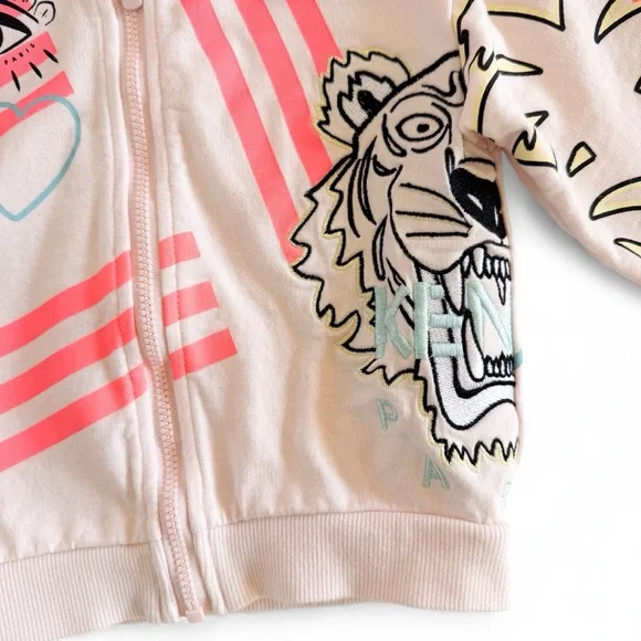 Kenzo Kids Paris Tiger Graphic Zip Hoodie Light Pink Sweatshirt Girls 2 (2A) - Picture 3 of 14